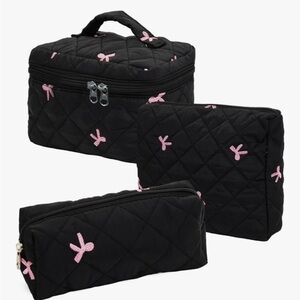 Quilted Black Cosmetic Train Case Set with Pink Bow Embroidery
